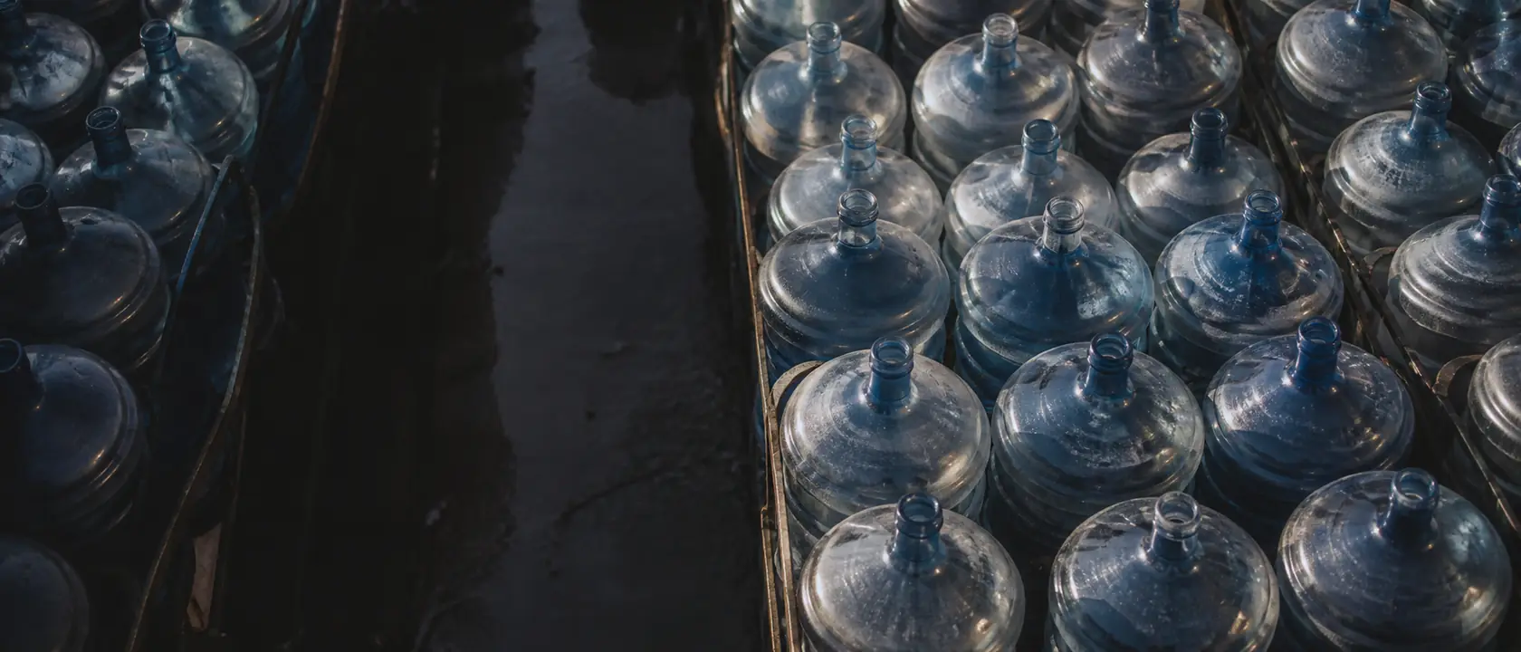 Bottle racks stacked at the plant at the end of the day
